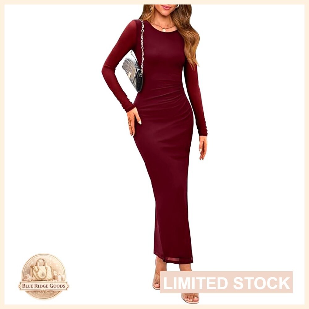 Long Sleeve Ruched Bodycon Maxi Dress Floral Print Party Club Night Out